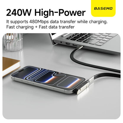 Basemo 240W Super Fast Charging  360° Rotating Invisible Stand Detachable Two-in-One Charging Cable, Zinc Alloy Silicone Type-C Cable compatible with Apple and Samsung, essential for gaming, office, and car use | Bestselling cutting-edge technology.