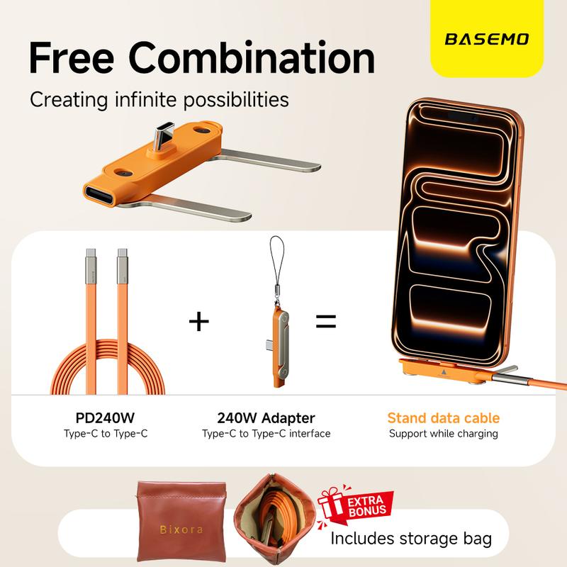 Basemo 240W Super Fast Charging  360° Rotating Invisible Stand Detachable Two-in-One Charging Cable, Zinc Alloy Silicone Type-C Cable compatible with Apple and Samsung, essential for gaming, office, and car use | Bestselling cutting-edge technology.