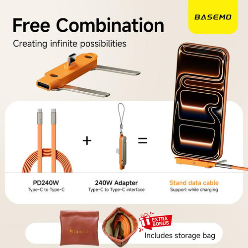 Basemo 240W Super Fast Charging  360° Rotating Invisible Stand Detachable Two-in-One Charging Cable, Zinc Alloy Silicone Type-C Cable compatible with Apple and Samsung, essential for gaming, office, and car use | Bestselling cutting-edge technology.